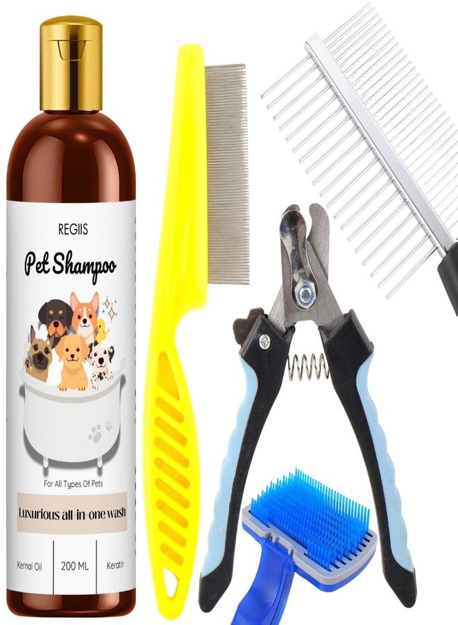 REGIIS Pet Grooming Kit, 5-Piece Set with Dog Shampoo 200ml, Metal Comb, Nail Clipper, Self-Cleaning Slicker Brush, Detangling Comb for All Types of Pets - Image 1